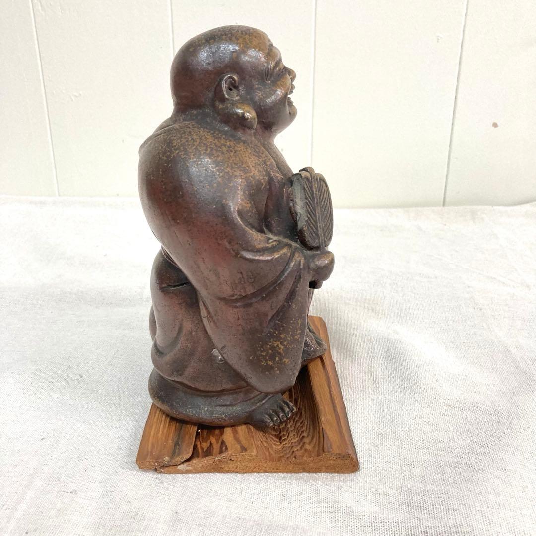 備前焼 布袋様 陶像 木製台座付き 時代物 焼き物 伝統工芸