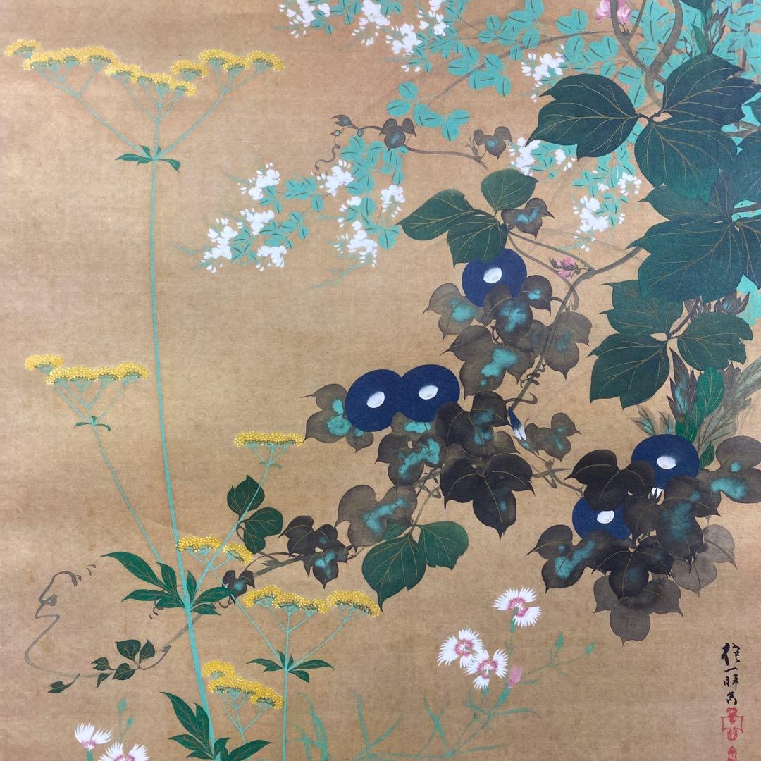 美品 掛け軸 酒井抱一筆「七草図」印刷 秋掛け おもてなし