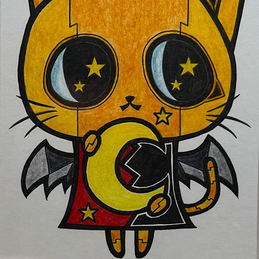 動物 原画 絵 手描き 癒し 猫 アート 一点物 額縁付『月を運ぶ猫型ロボット』