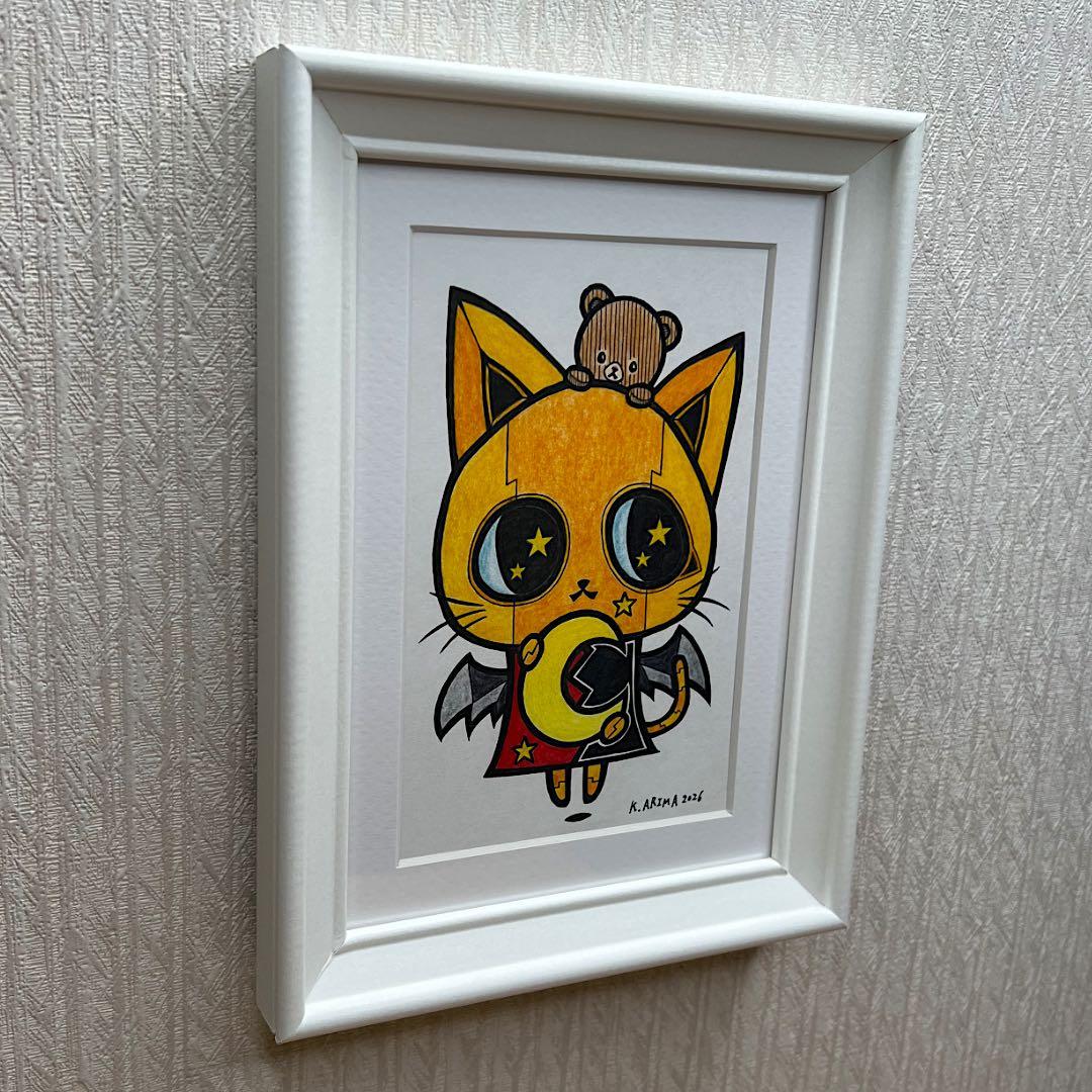 動物 原画 絵 手描き 癒し 猫 アート 一点物 額縁付『月を運ぶ猫型ロボット』