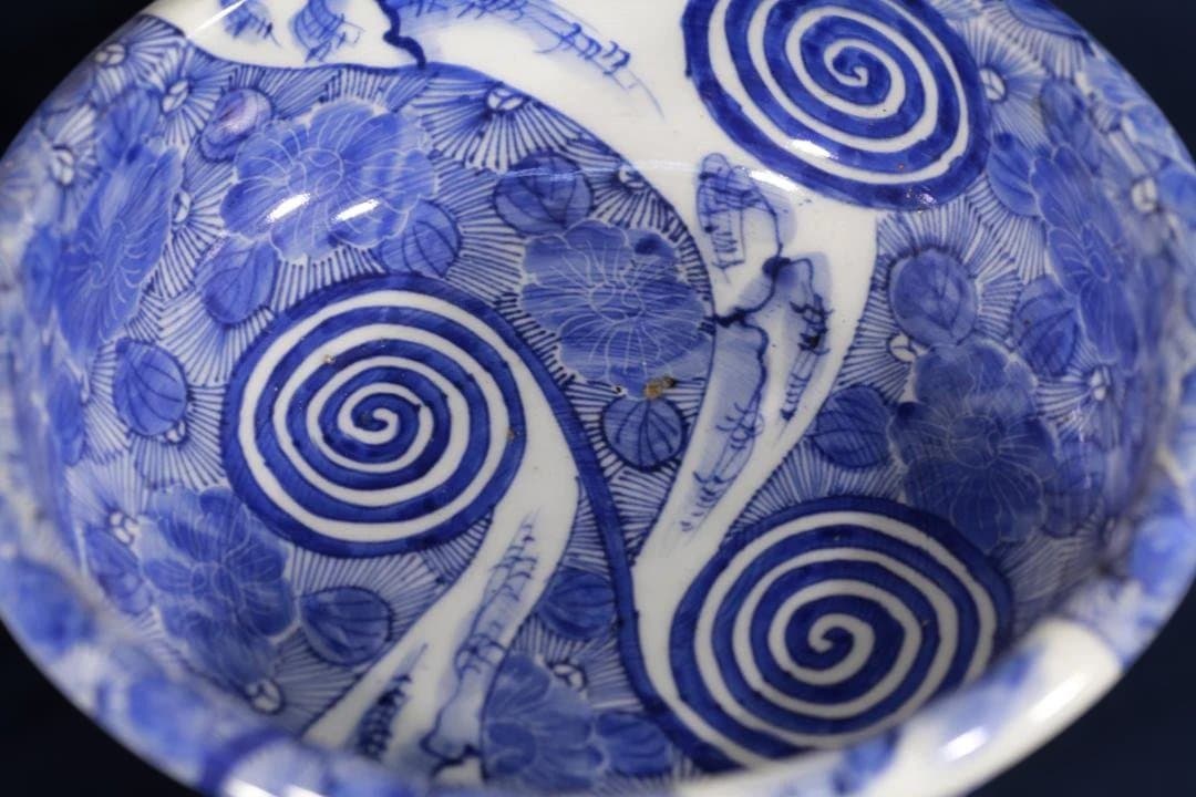 687　古伊万里染付いにしえモダン図3つ鉢　大中小　無傷美品　明治