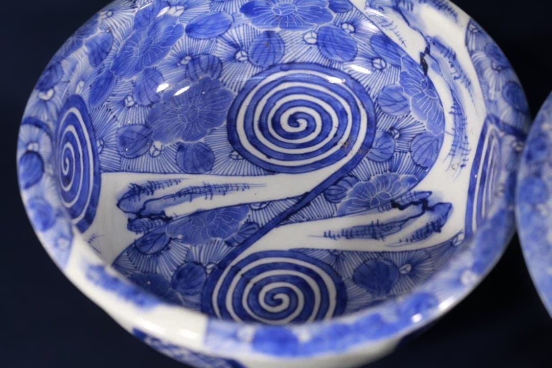 687　古伊万里染付いにしえモダン図3つ鉢　大中小　無傷美品　明治