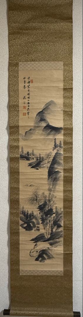 東艶斎花翁？　紙本肉筆　水墨山水　海堂蔵記載箱付　掛軸　送料込み260118