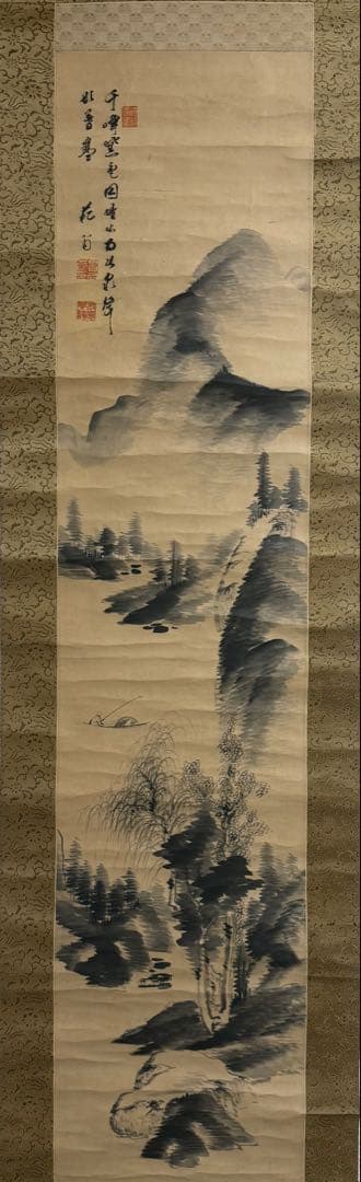 東艶斎花翁？　紙本肉筆　水墨山水　海堂蔵記載箱付　掛軸　送料込み260118