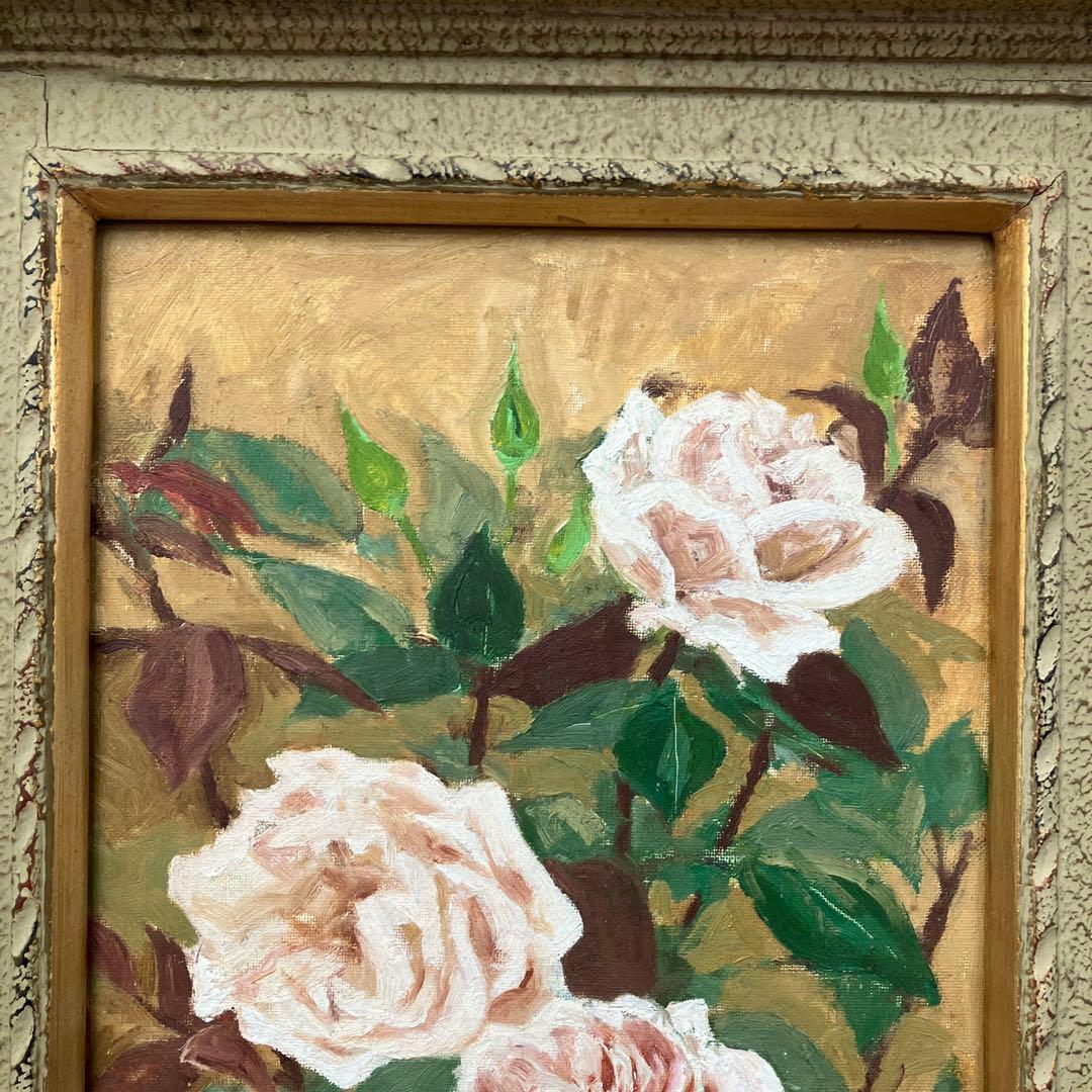 薔薇 油彩画 額装 豪華アンティーク 額縁 静物画 壁飾り 壁掛け 立掛け