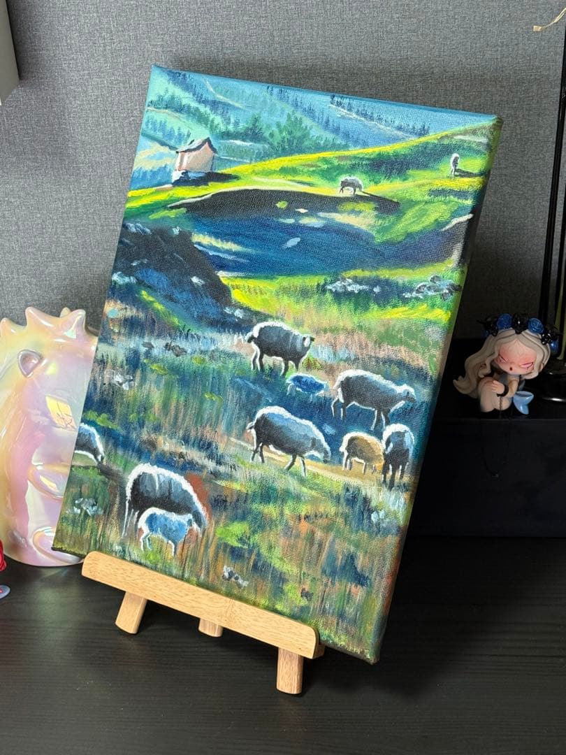 「故郷の羊」　手描き　油絵　風景画　原画　油彩画　印象派