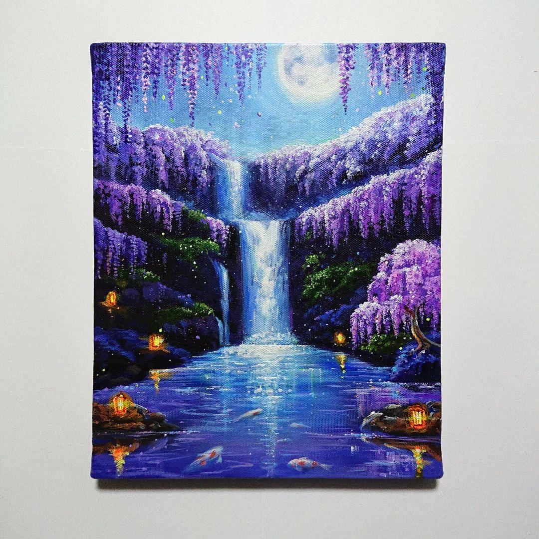 【藤が輝く夜】アクリル画 F3 風景画 絵画