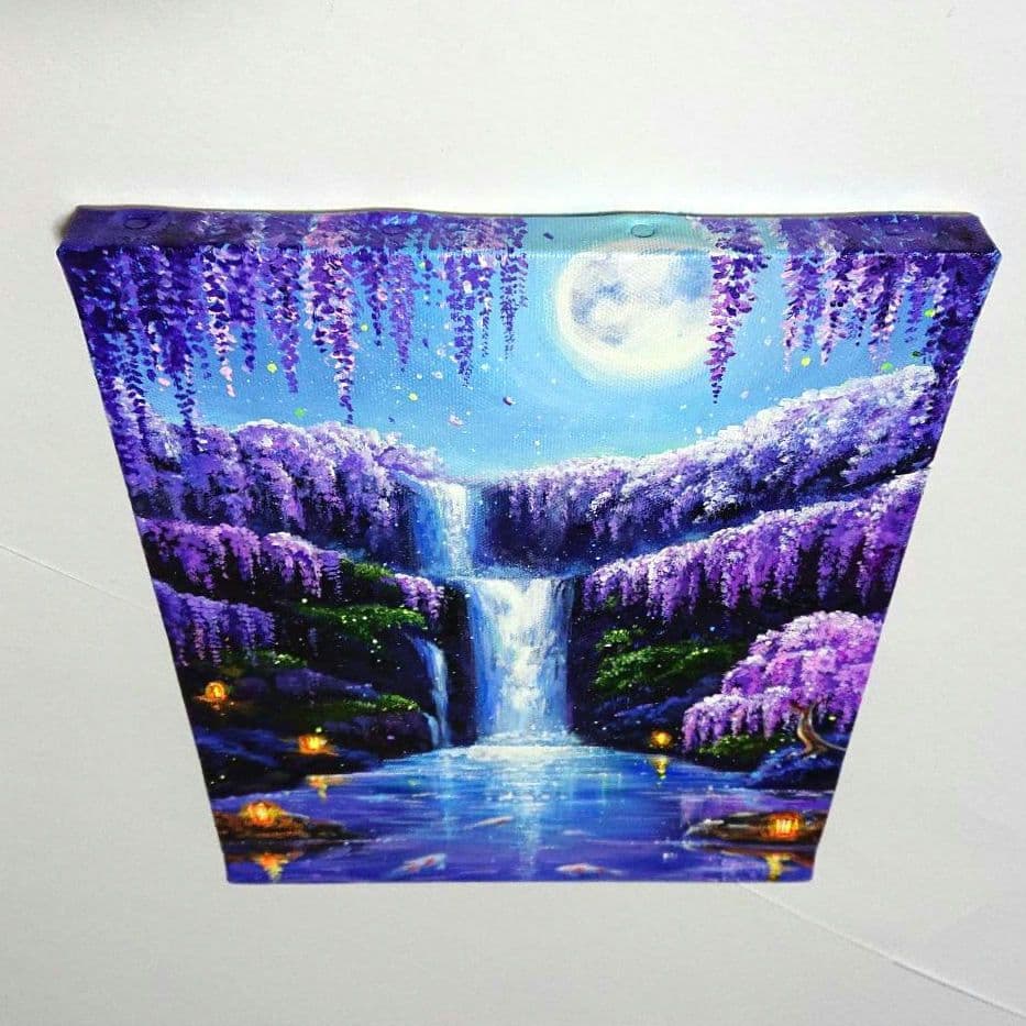 【藤が輝く夜】アクリル画 F3 風景画 絵画