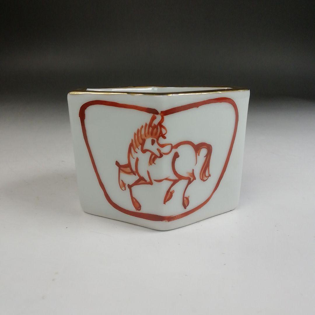 Ｗ３６７　蓋置　『赤絵　菱馬』『高野昭阿弥 造』　共箱　茶道具