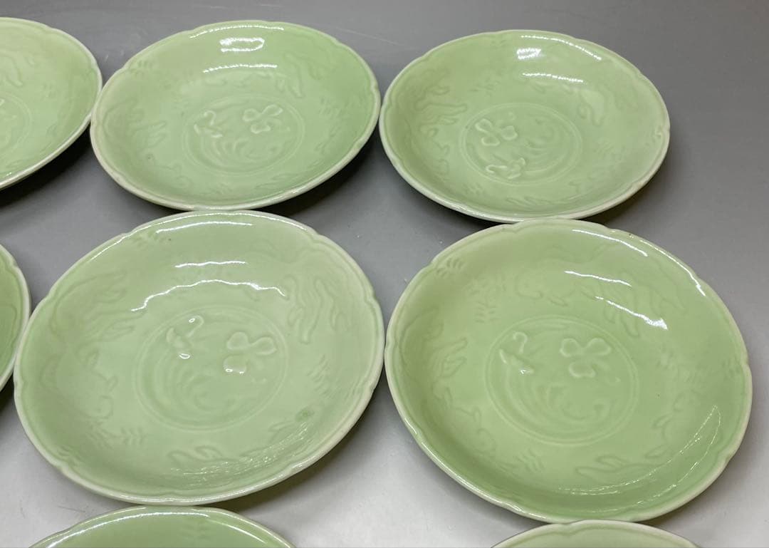 古伊万里　青磁　金魚図　豆皿　小皿　15客　江戸時代　b8907