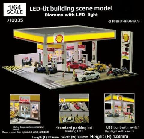 1/64shell GasStationシェルガソリンスタンド LEDライト付き
