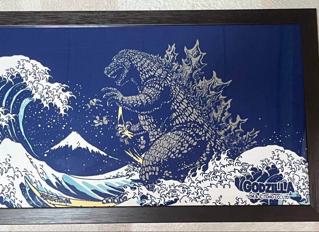 ゴジラ　てぬぐい 葛飾北斎 冨嶽三六景　額装