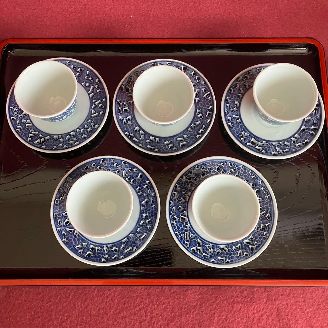 お値下げ 新品未使用 青華白磁透刻葡萄文煎茶器 5客揃