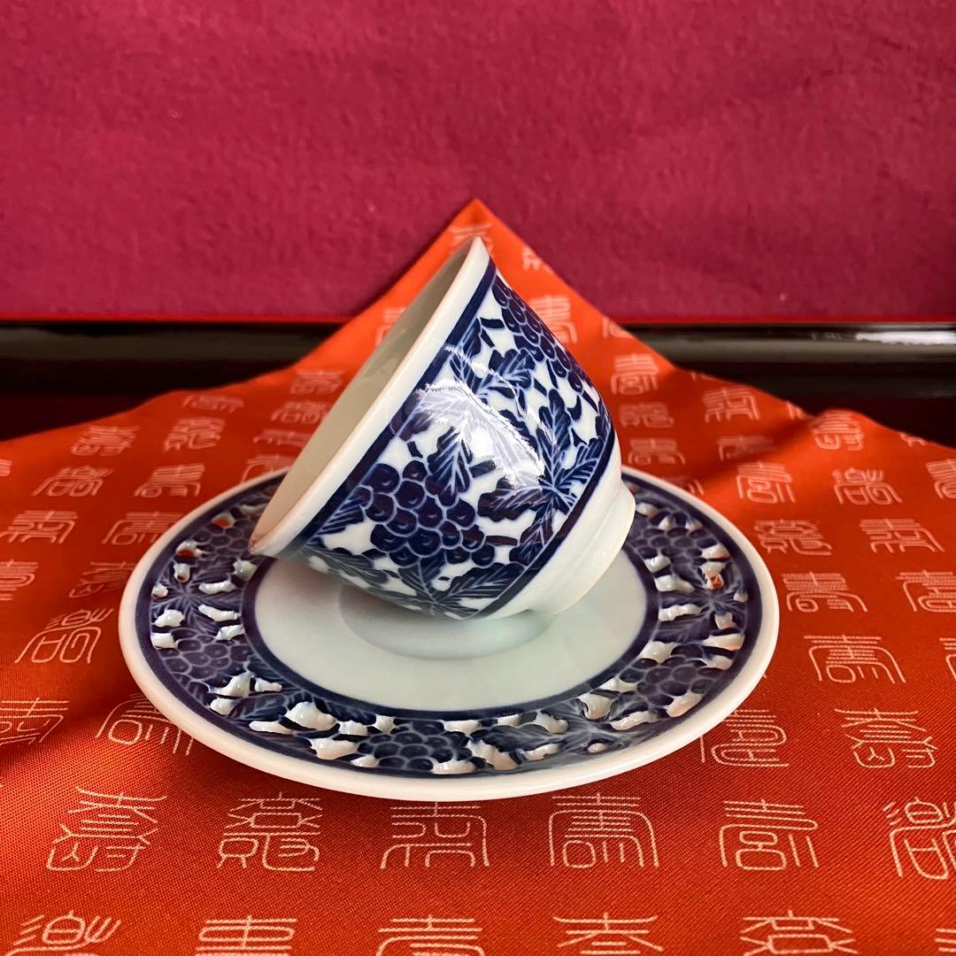 お値下げ 新品未使用 青華白磁透刻葡萄文煎茶器 5客揃