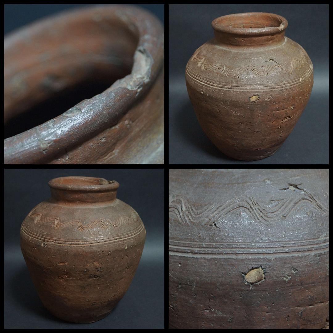 古備前 波状文壺 種壺 花器/花瓶/花生/飾壷/古陶/焼物 重3.5kg 茶道具