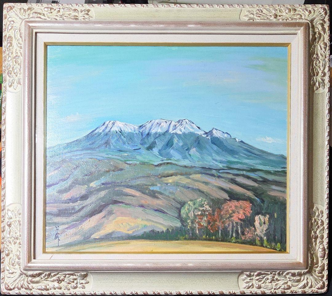 【美品】 10号サイズ 肉筆油彩風景画 銀飾額縁フレームつき「御嶽山初雪の情景」