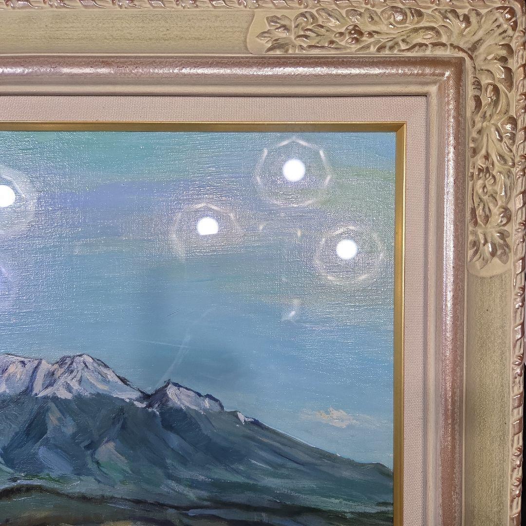 【美品】 10号サイズ 肉筆油彩風景画 銀飾額縁フレームつき「御嶽山初雪の情景」