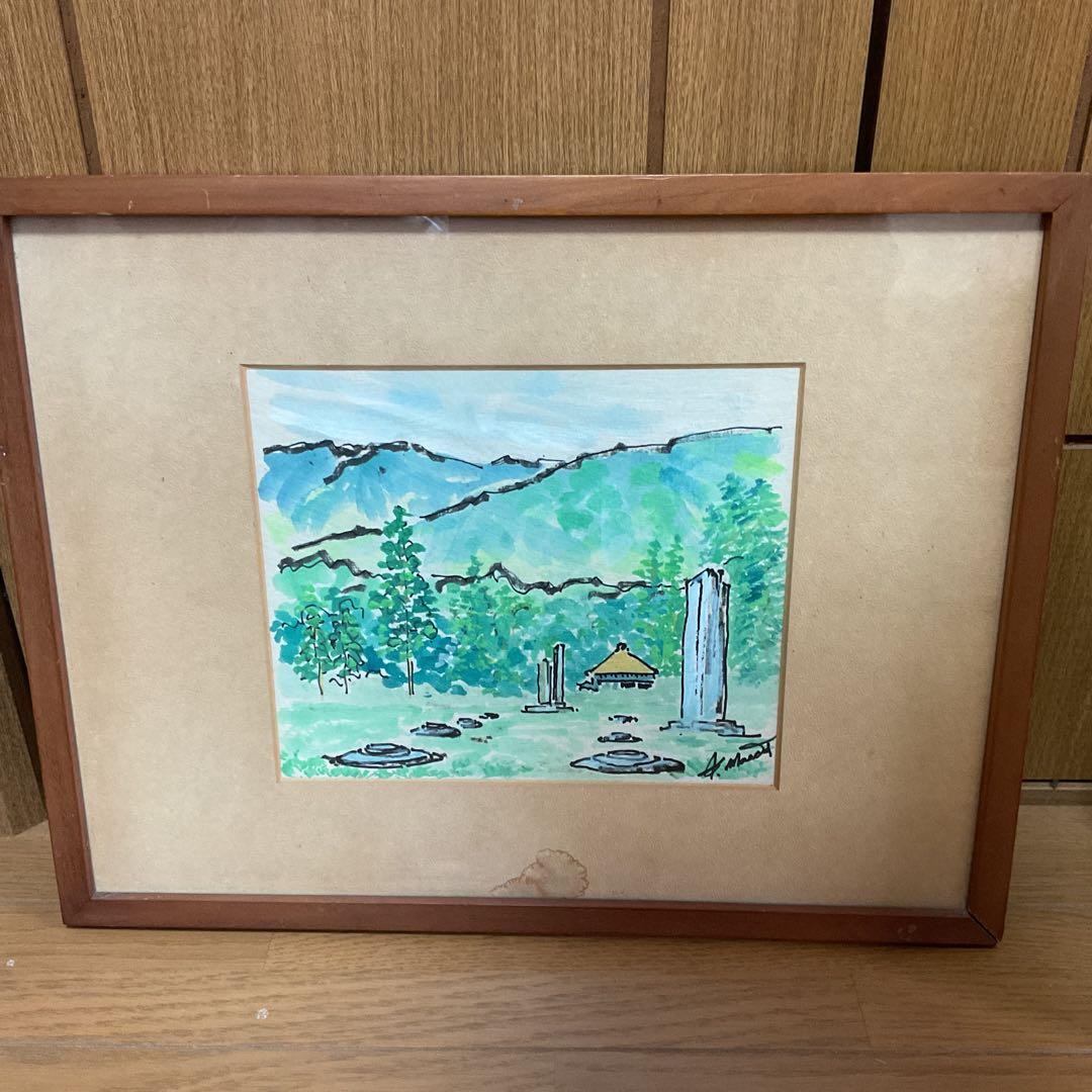 色紙水彩画 福岡県太宰府 都府楼跡 作者不詳ですがサイン在
