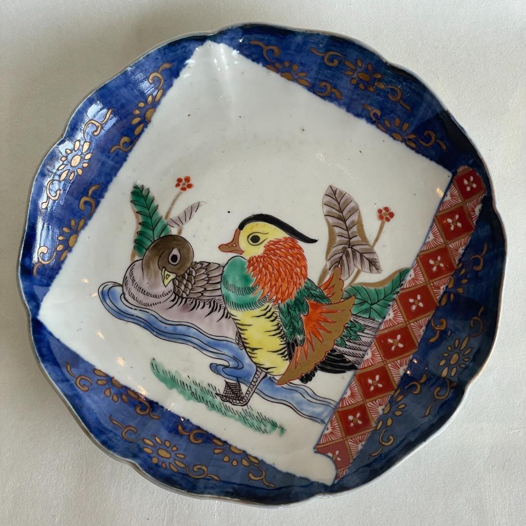 古伊万里 色絵 夫婦鳥図 オシドリ 鴛鴦 吉祥文 輪花皿 江戸後 明治初 飾皿
