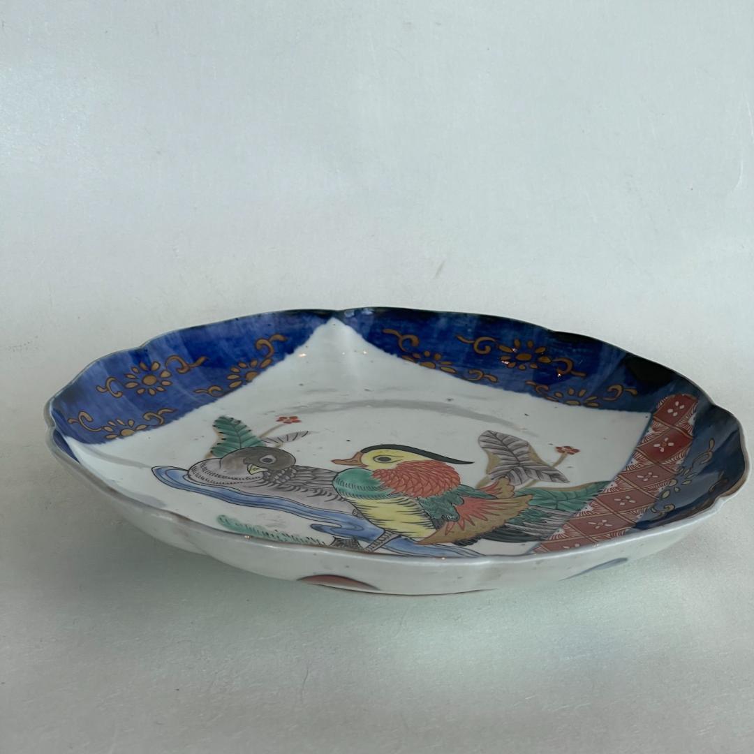 古伊万里 色絵 夫婦鳥図 オシドリ 鴛鴦 吉祥文 輪花皿 江戸後 明治初 飾皿