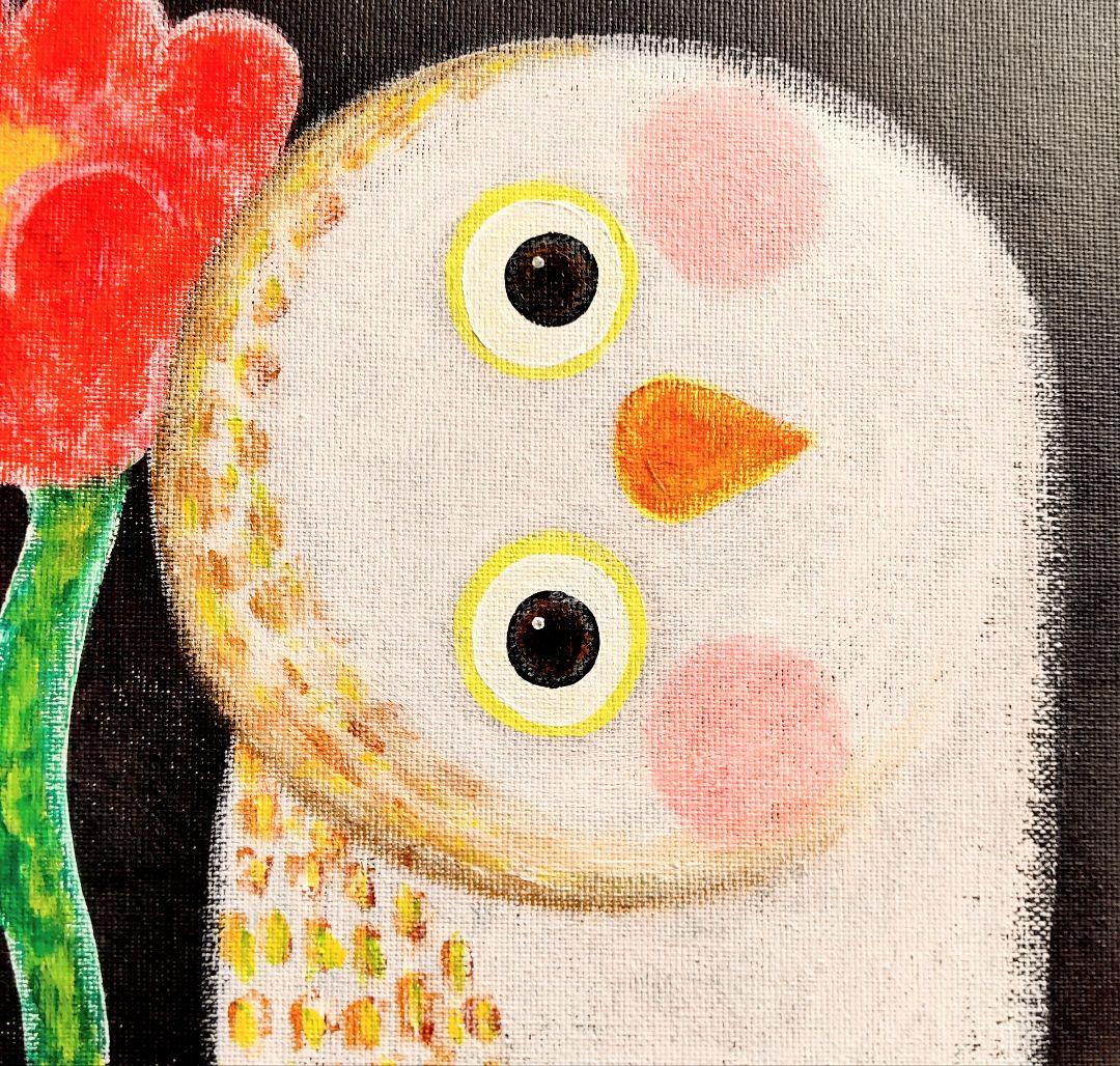 絵画 原画『かもね』キャンバス(F4号) ふくろう 花 幸せ アート 一点もの