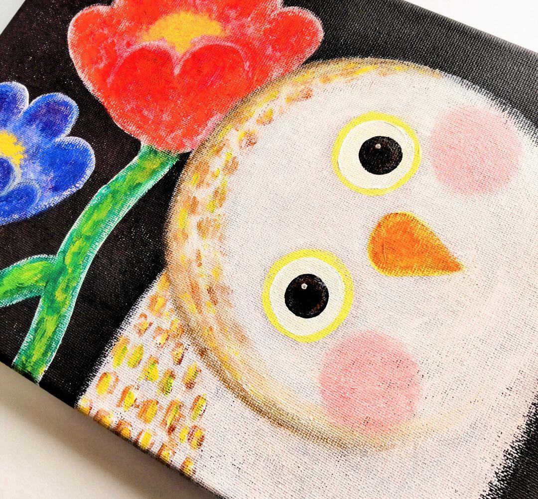 絵画 原画『かもね』キャンバス(F4号) ふくろう 花 幸せ アート 一点もの
