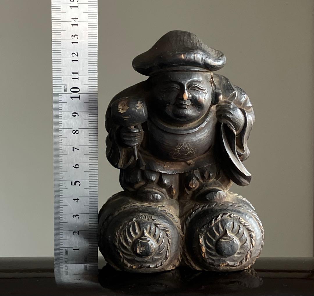 【仏師系 隆厳大黒天 木彫 約14㎝ 幕末明治頃】仏像民間信仰郷土玩具民藝古美術