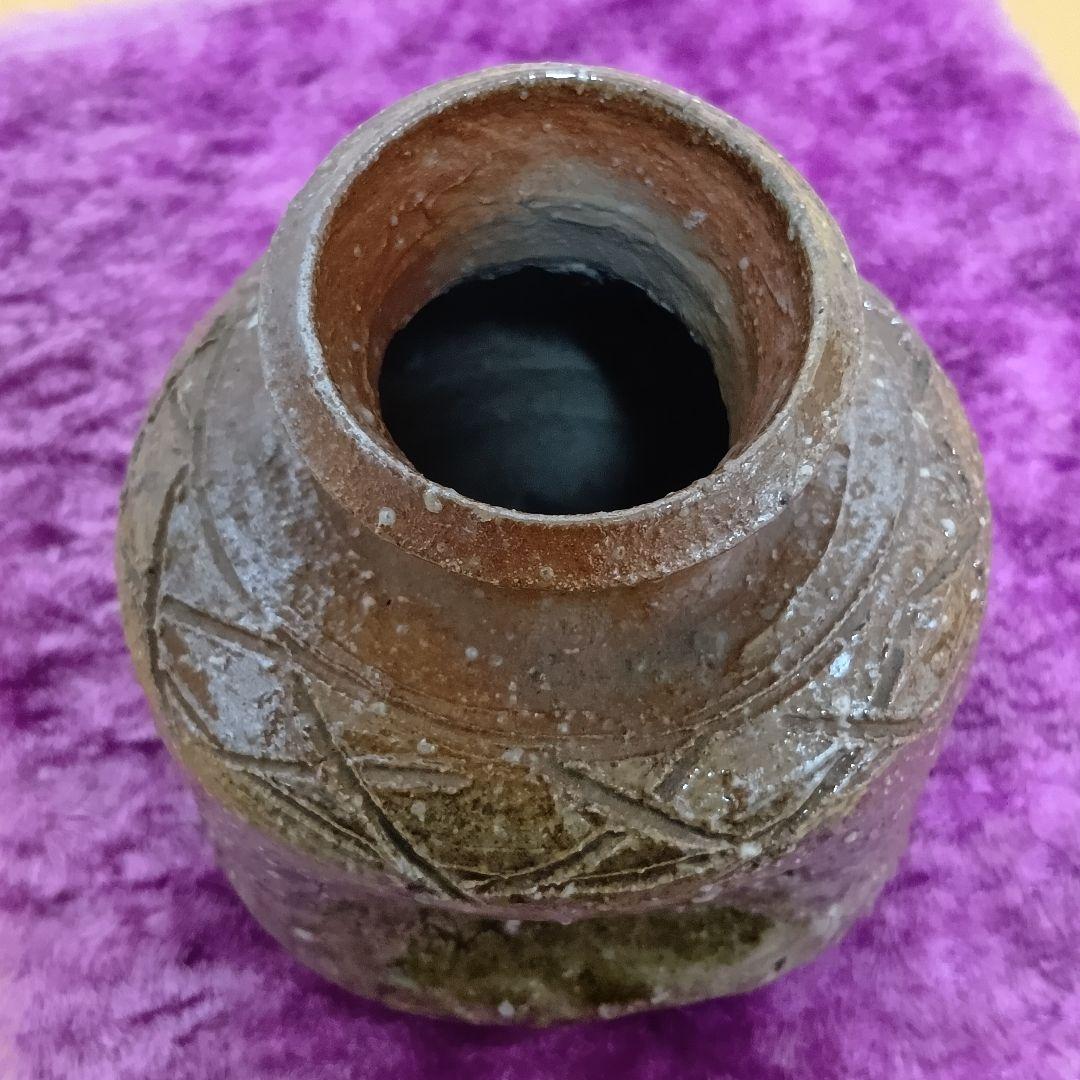 骨董品 信楽焼 蹲 花入 瑞峯造 共箱付 杉本瑞峯 茶道具 壁掛け花器 檜垣文