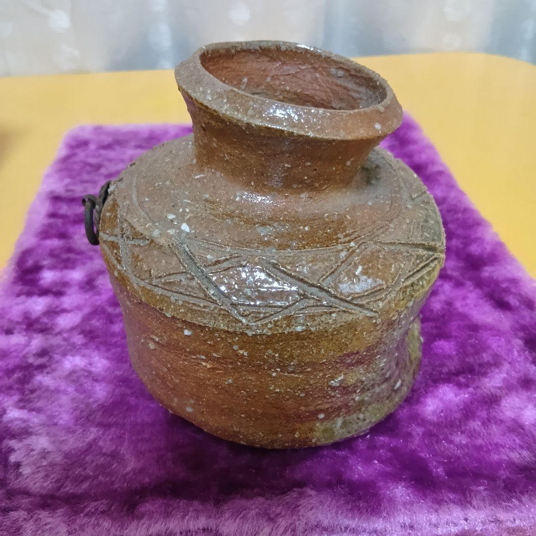骨董品 信楽焼 蹲 花入 瑞峯造 共箱付 杉本瑞峯 茶道具 壁掛け花器 檜垣文