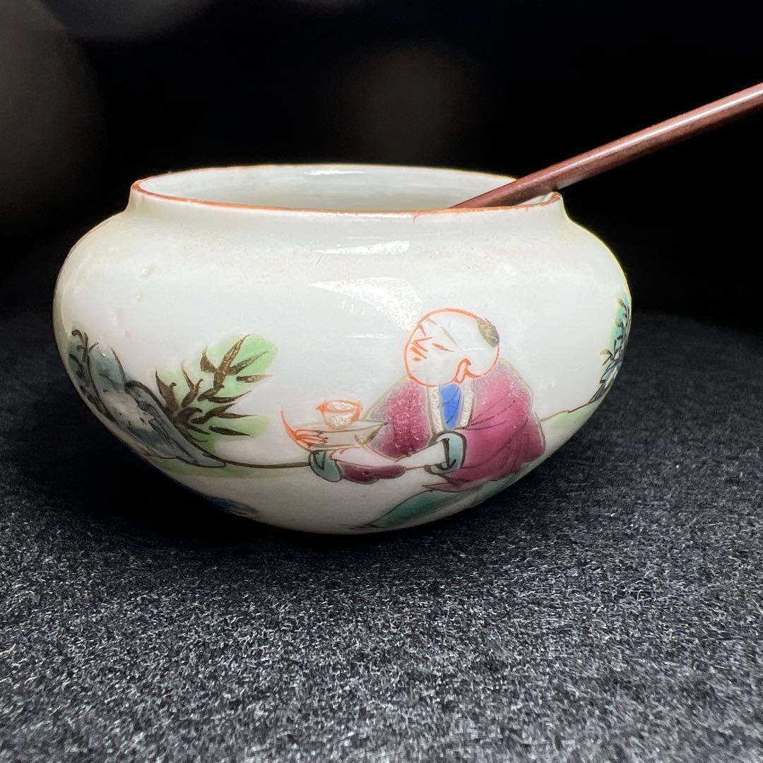 中国清時代　粉彩人物画水孟　幅約5.5㎝　東Y8-0402☆トヒカ