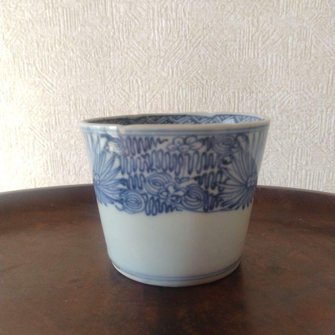 古伊万里染付線描き菊花文様蕎麦猪口江戸後期