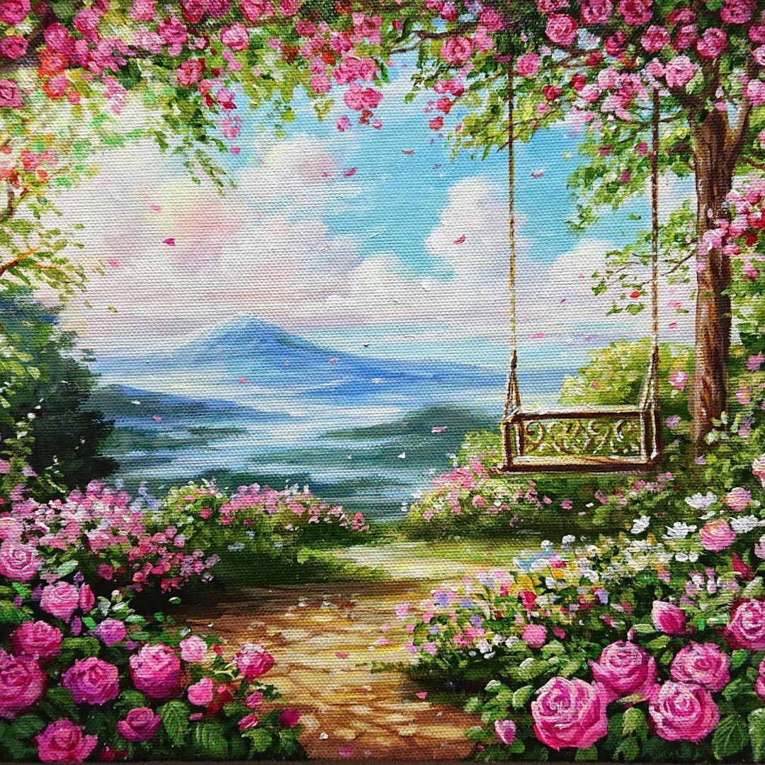 【薔薇のアーチ】アクリル画 F3 風景画 絵画