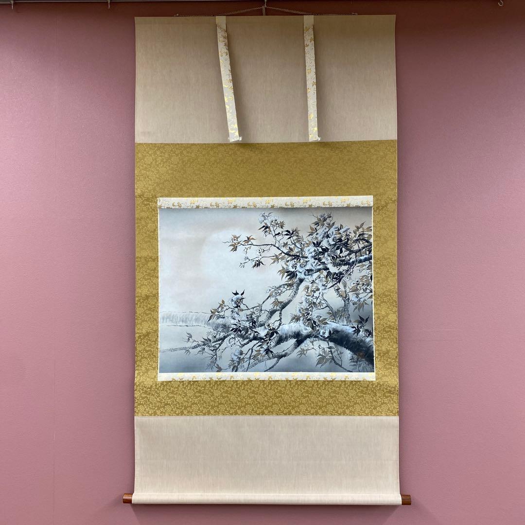 美品 掛け軸 杉浦契雪作 大幅 夜桜図 共箱 水墨画 縁起物