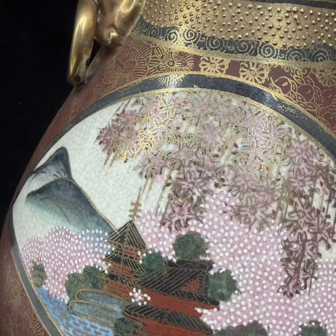 薩摩 大花瓶 扇面 金彩 獅子 双耳 連山 花鳥図 花瓶 飾壺 薩摩焼
