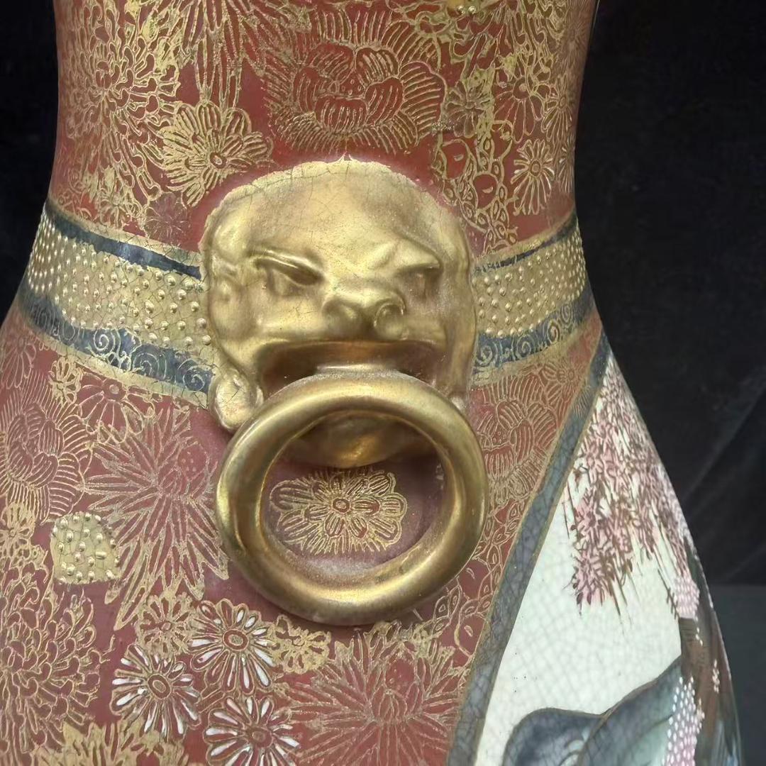 薩摩 大花瓶 扇面 金彩 獅子 双耳 連山 花鳥図 花瓶 飾壺 薩摩焼