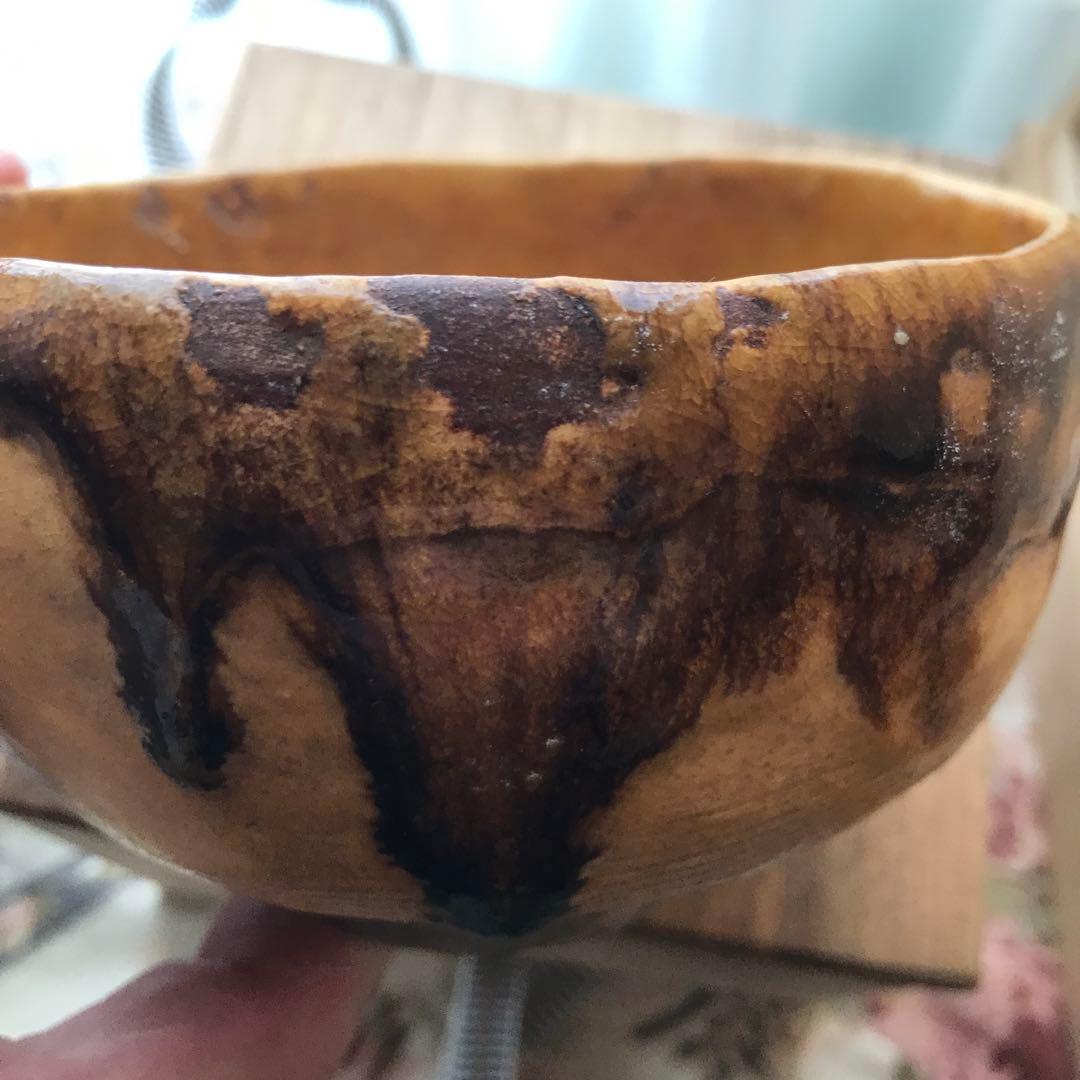 【作家物風】黄釉茶碗 棟方志功風 12.5×7.5cm 共箱付き【美品】