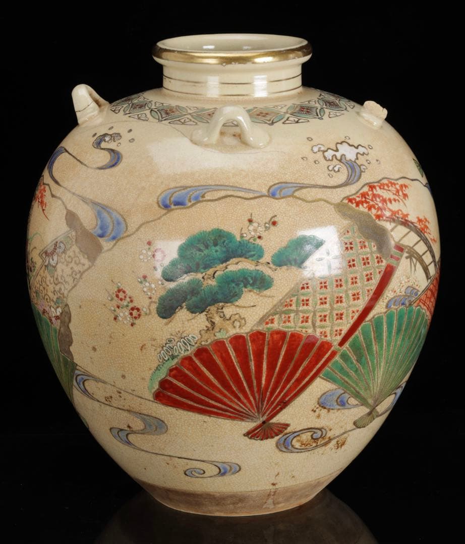 京焼 色絵扇面図四耳壺 仁清写 扇子図 金彩色絵 花瓶 飾壺 高35cm 古美術