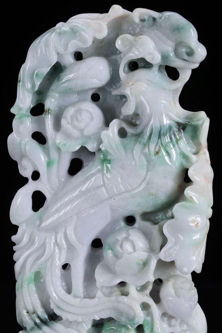翡翠玉石彫刻 淡紫 鳳凰透彫置物 約615g 台座付 中国古玩 古美術 木箱付