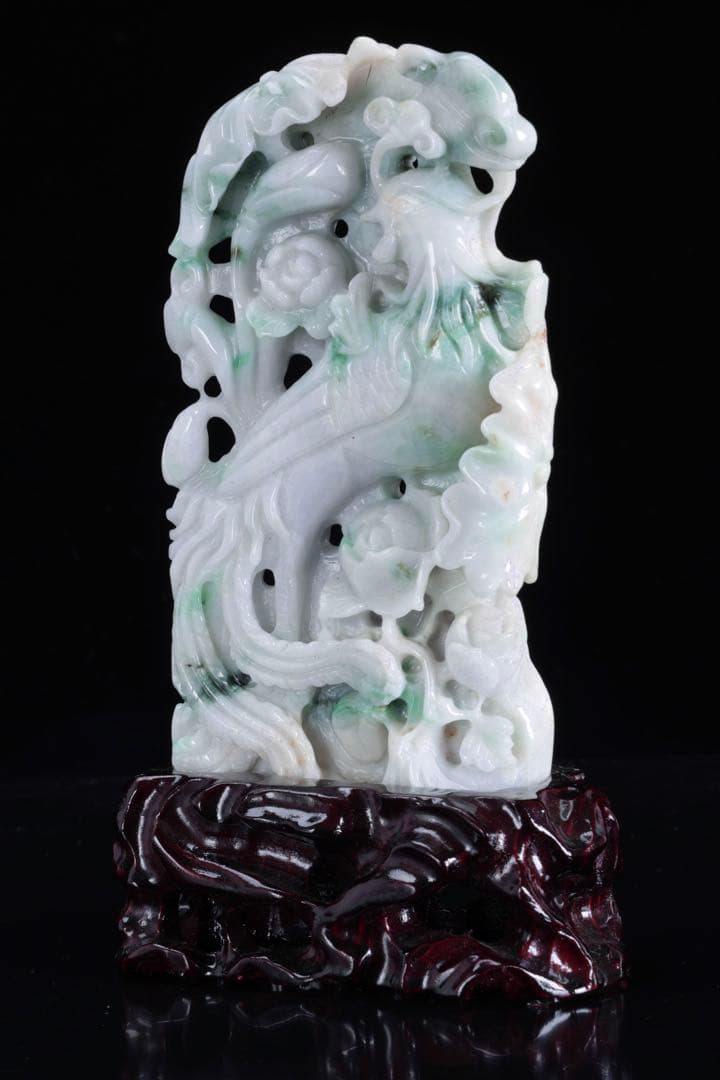 翡翠玉石彫刻 淡紫 鳳凰透彫置物 約615g 台座付 中国古玩 古美術 木箱付