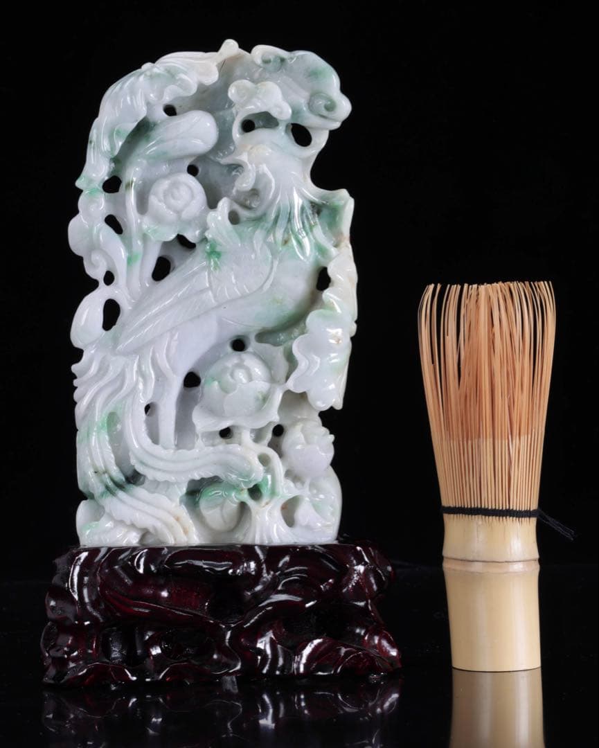 翡翠玉石彫刻 淡紫 鳳凰透彫置物 約615g 台座付 中国古玩 古美術 木箱付