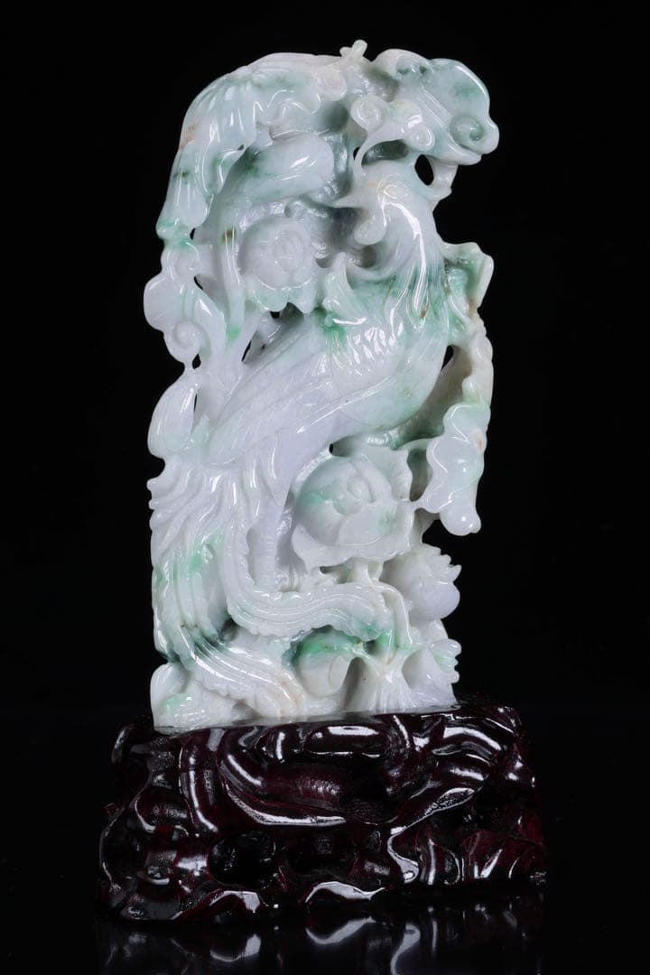 翡翠玉石彫刻 淡紫 鳳凰透彫置物 約615g 台座付 中国古玩 古美術 木箱付
