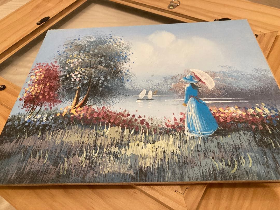 直筆絵画　女性と湖の風景