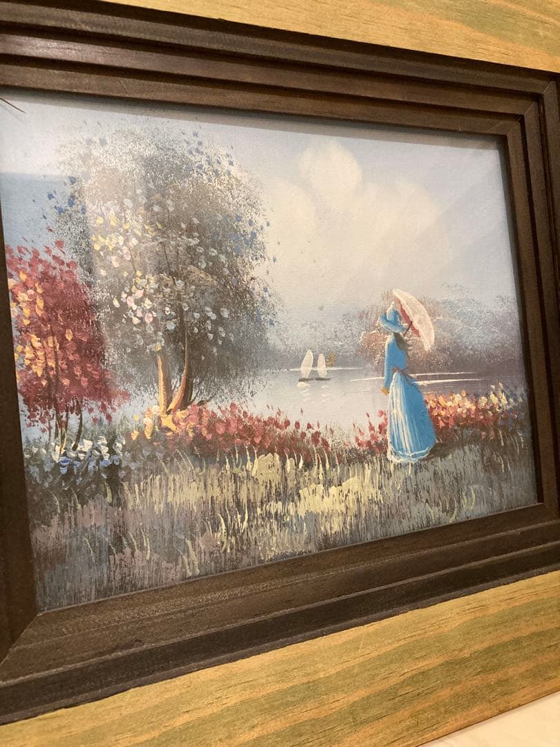 直筆絵画　女性と湖の風景