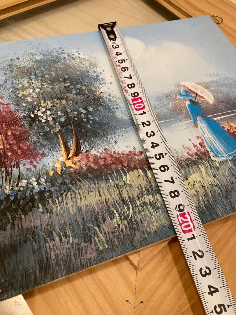 直筆絵画　女性と湖の風景