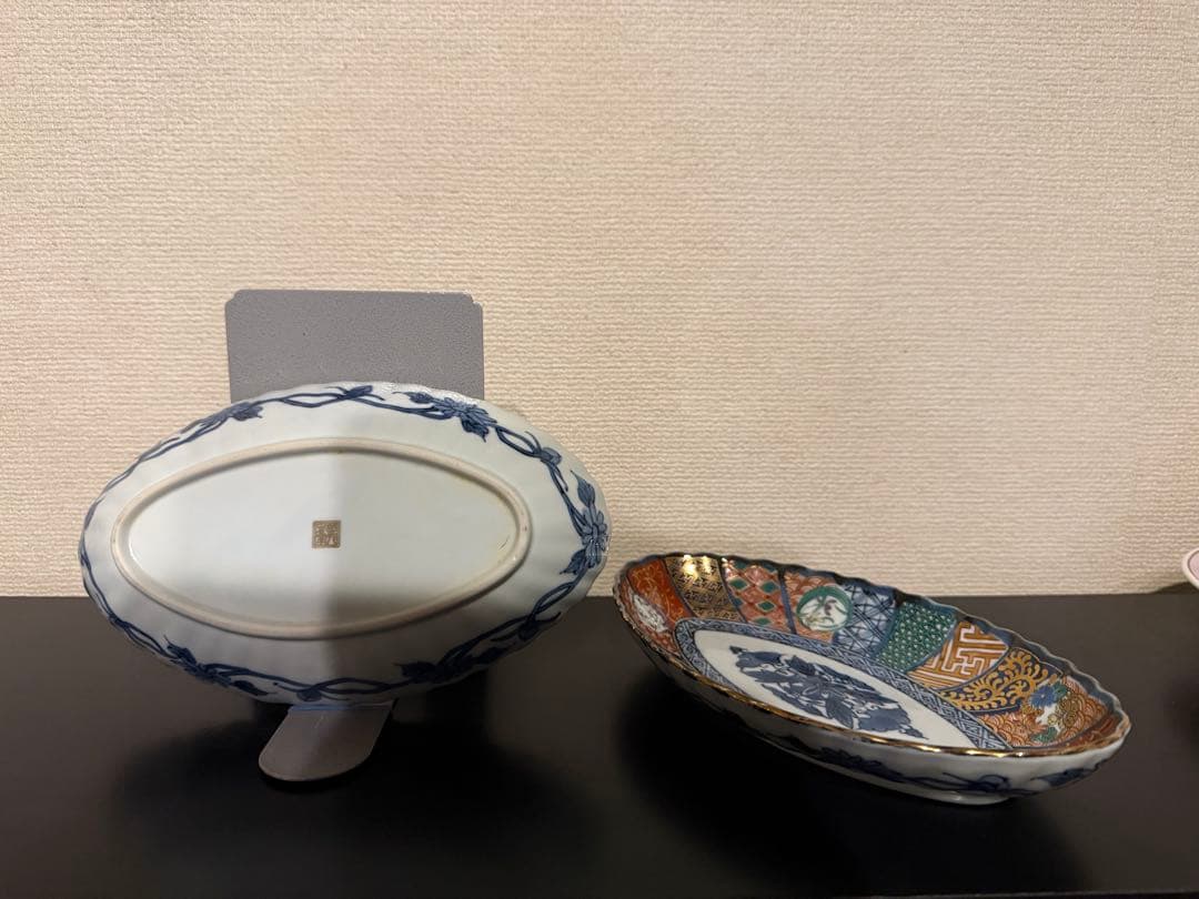 和風模様の楕円形の陶器皿2点セット