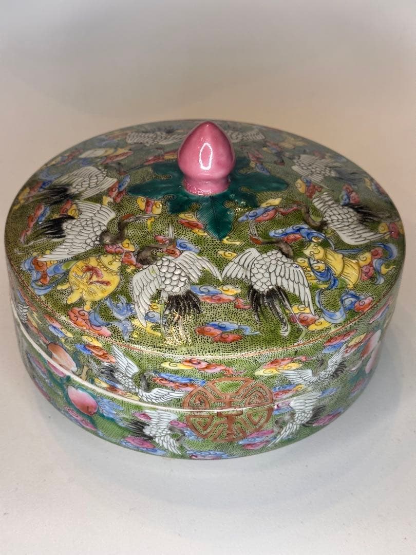 大清雍正年製 款 色絵 蓋物 果子器 菓子器 中国古美術 清代 蓋盒 鶴と花