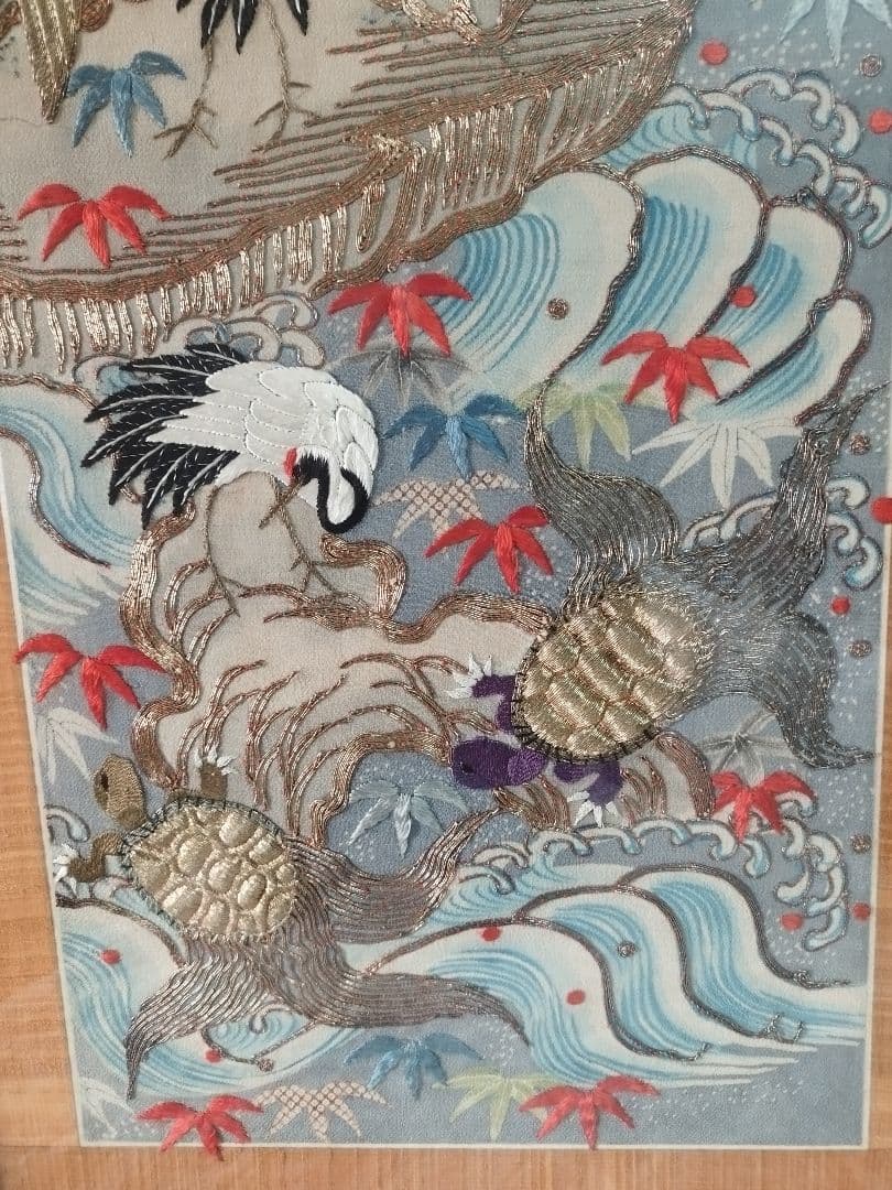 開運■縁起物■鶴亀太古岩紋様・縮緬打掛(額装仕上げ)華麗なる繊細な和装文化刺繍