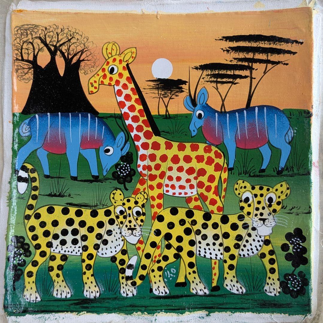 ●アフリカの絵画、ティンガティンガ、夕日とバオバブ、20×20cm
