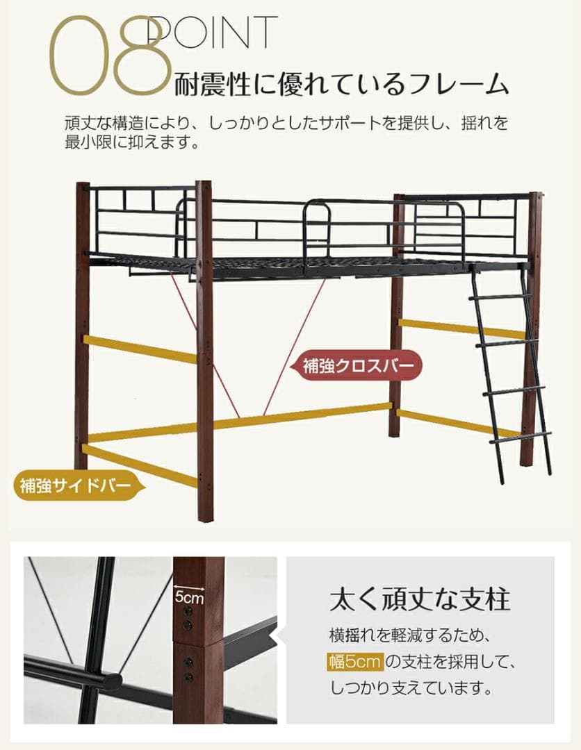【S・高さ130cm】ロフトベッド パイプベッド 耐荷重150kg　BLACK