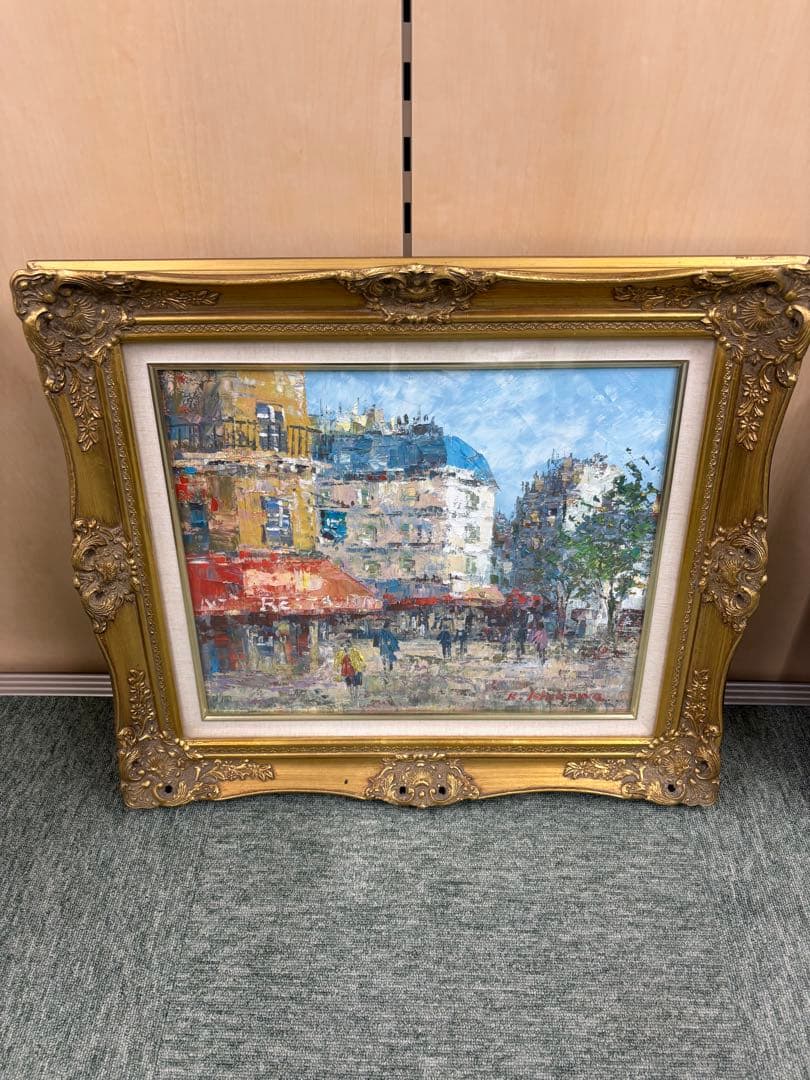 石川 啓司 k. Ishikawa 「パリの街角」油彩画 金色フレーム